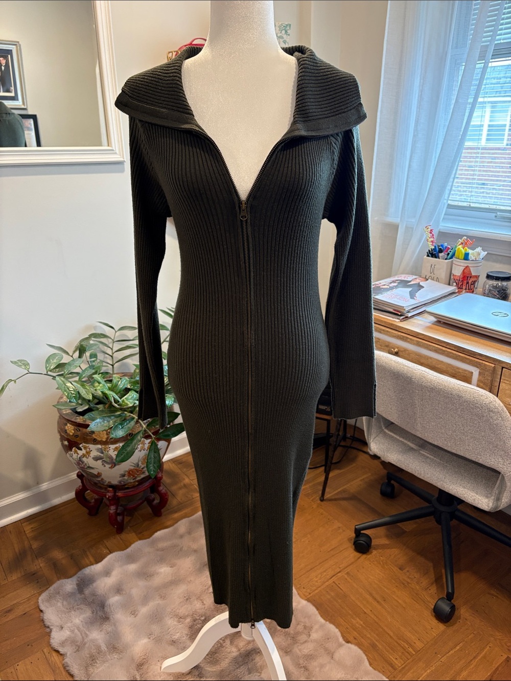 Ribbed Zip-Front Midi Dress with Fold-Over Collar in Dark Olive